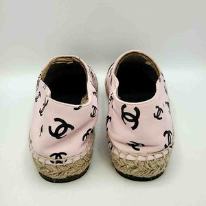 CHANEL Pink Black Leather Made in Spain Monogram Espadrille Shoes